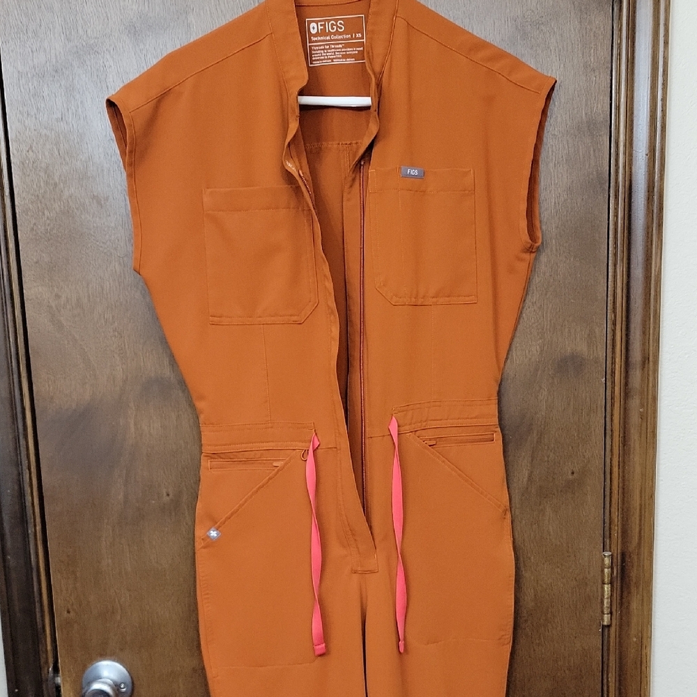 Figs Burnt Orange Jumpsuit with Coral Details
